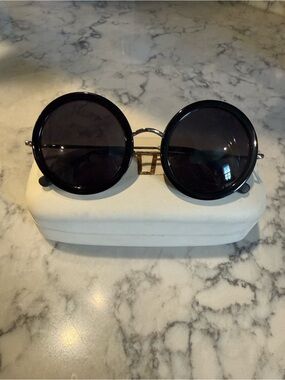 Linda Farrow Black Round Sunglasses with Dark Lenses and Silver Bridge
